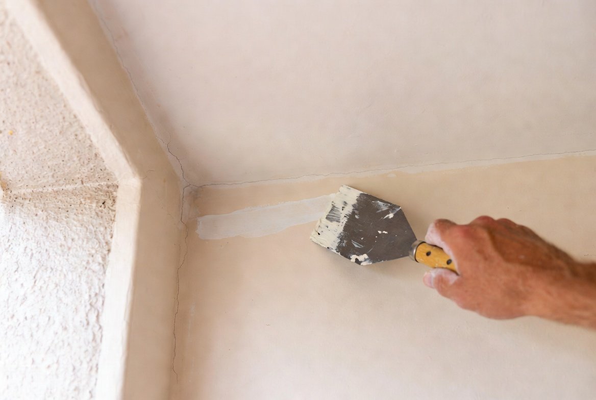 Wall crack being filled and a water stain being sealed