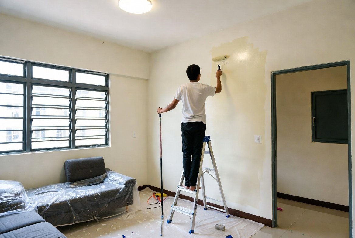 Painter repainting a living room wall in an HDB flat
