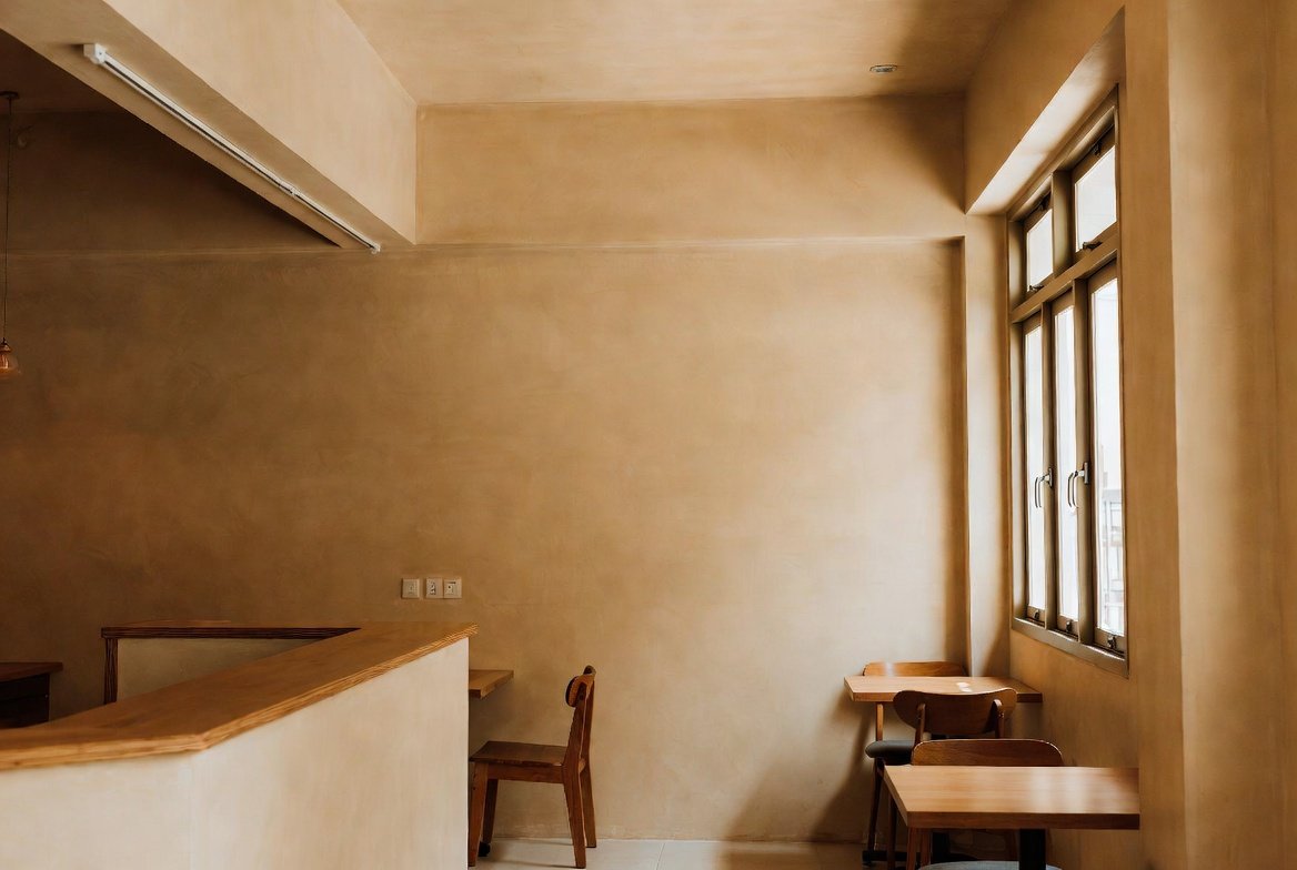 Café interior with freshly painted ceiling and walls